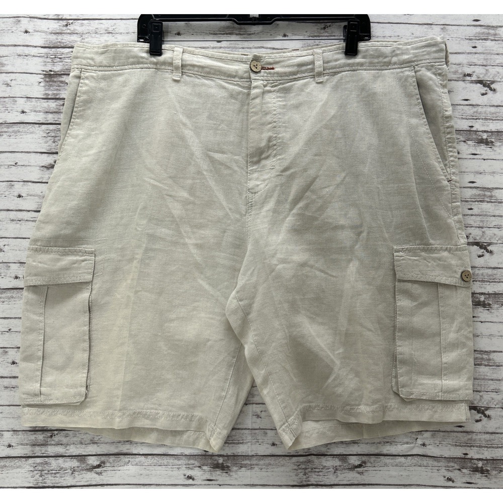 Tommy Bahama Cargo Shorts Men's Size 42 100% Linen Relax Beige 11" Inseam Beach